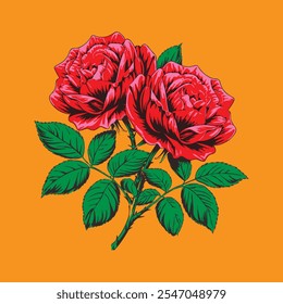 Red Rose Flower Vector Art,Beautiful Red Roses Illustration,Romantic Red Roses Clipart,Red Rose Floral Design Vector