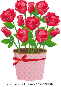 Ilustración de flores de rosa roja isorizada sobre fondo blanco / Planta Potted / para Labels, Badges, Iconos, Banners, Menús, invitación, etc.
