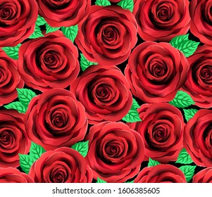 Red Rose Flower Vector Pattern. Site Floral Seamless Background. Elegant Red And Black Roses Wallpaper. Holiday, Festive, Wedding Decoration. Old Fashion, Retro, Vintage Texture.