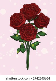 Red Rose Flowers Bouquet Blossom Cartoon Illustration