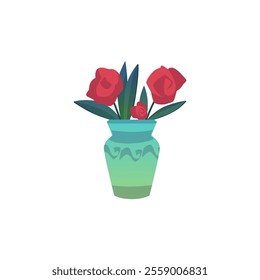 Red Rose flowers bouquet with leaves in vase flat icon. Blossom beautiful plant, floral interior design element. Vector illustration isolated on white background. Garden rose romantic decoration