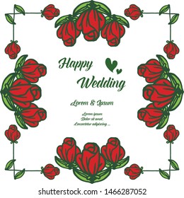 Red rose flowers, frame of leaf, lettering of happy wedding, for invitation card, greeting card. Vector