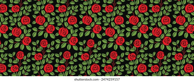 Flores rojas de la rosa con la hoja verde sin costuras dibujado a mano fondo del diseño. usted puede utilizarlo como diseño de la tela, 11oz, 15oz diseño de la taza, Fondo de pantalla y ETC. ¡Listo para imprimir! Vector floral floreciente.