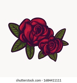 red rose flowers hand drawn isolated colorful vector love clipart. valentines day plant elements for graphic design and your creative projects, posters, postcards, invitations and tattoos.