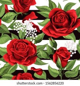 Red rose flowers seamless background. Beautiful flowers on contrast graphic geometric background pattern. Great for printshop, fabric, background, texture. Vector illustration
