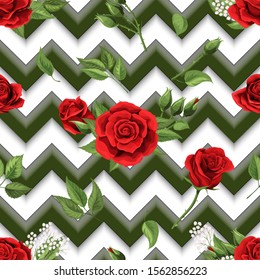Red rose flowers seamless background. Beautiful flowers on contrast graphic geometric background pattern. Great for printshop, fabric, background, texture. Vector illustration