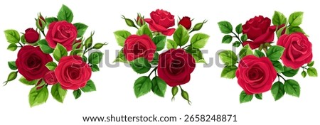 Red rose flowers. Set of vector design elements with red roses and green leaves isolated on a white background. Hand-drawn illustration, not AI