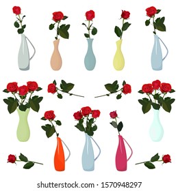 Red rose flowers in vase, vector flat isolated illustration. Beautiful flower compositions for greeting card, invitation, poster, banner.