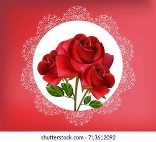 Red Rose flowers in vintage lace frame. Vector illustration for greeting card, wedding, invitation, prints