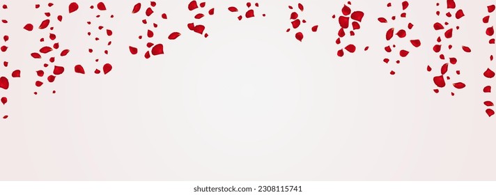 Red Rose Fly Vector Panoramic White Background. Flying Blossom Pattern. Delicate Floral Tender Frame. Pink Lotus Japanese Poster.