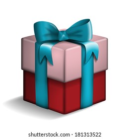 Red and rose gift box with blue ribbon.