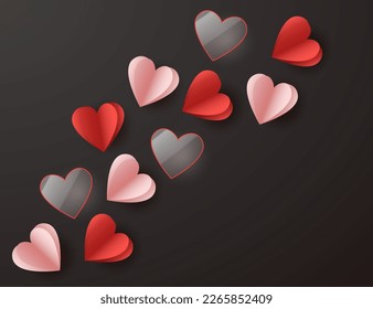 Red rose and glass hearts diagonally isolated on a dark background. Vector 3d illustration.