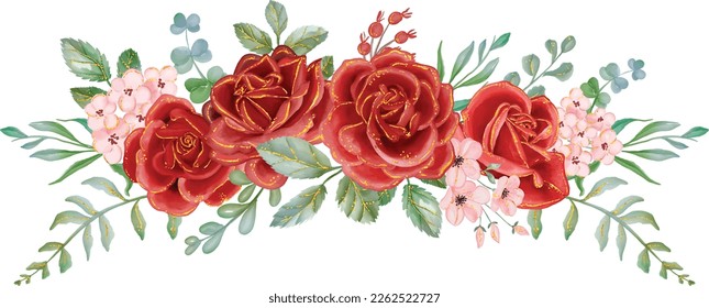 Red Rose with Gold Line Watercolor floral arrangement bouquet. Luxurious floral elements, botanical background or wallpaper design, prints and invitations, and postcards.