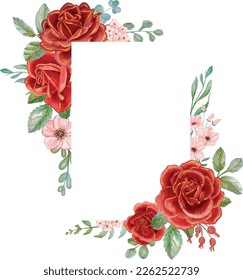 Red Rose with Gold Line Watercolor floral rectangle frame. Luxurious floral elements, botanical background or wallpaper design, prints and invitations, and postcards.