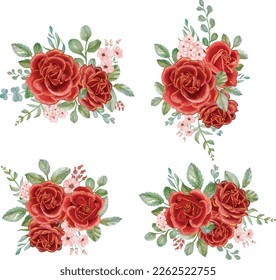 Red Rose with Gold Line Watercolor floral arrangement bouquet. Luxurious floral elements, botanical background or wallpaper design, prints and invitations, and postcards.