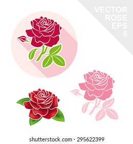 Red rose green leaf tattoo icon isolated, Pink flower line drawing, vintage purple flora logo, magenta floral vector illustration.