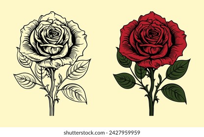 Red rose with green leaf vector illustration