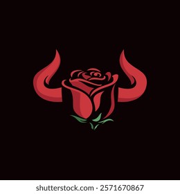 A red rose with green leaves, flanked by two red bull horns on a black background.