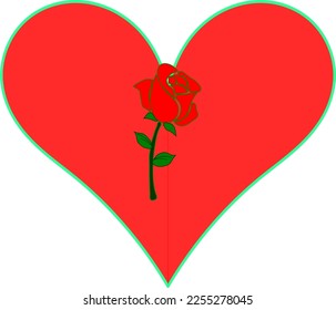 A red rose with green leaves inside a red heart symbol drawing