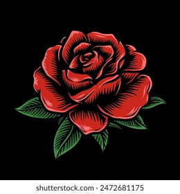 A red rose with green leaves is the main focus of the image. The rose is drawn in a stylized way, with a bold red color and a sense of depth. The image has a moody, artistic feel to it