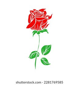 red rose with green leaves on white background. Stock line vector illustration.