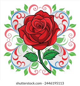 A red rose with green leaves on a stem vector design, surrounded by a circular design of red, blue, and green curlicues.