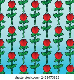 Red rose with green leaves pattern pixel bit retro vintage game cartoon flat simple styled vector illustration drawing poster background isolated on square gradient blue template backdrop.