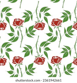 Rojo rosa y hojas verdes repiten patrón sobre fondo blanco, imagen completa, diseño para impresión de tela, flor de valentina
