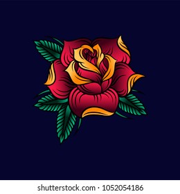 Red rose with green leaves vector Illustration on a dark blue background