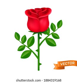 Red rose with green leaves vector icon. Blooming flower close-up cartoon illustration isolated on a white background