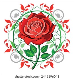 A red rose with green leaves vector design, surrounded by a circular design of red, green and silver swirls.