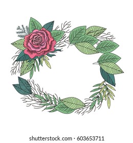 Red rose and green leaves wreath isolated. Hand drawn floral decorative frame. Forest romantic natural style. Vector illustration.