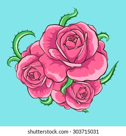 Red rose with green vine.White background.