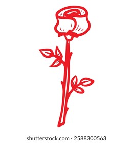 Red rose. Hand drawn doodle. Single flower. Romantic gift expressing love. Natural plant. Vector line art illustration.