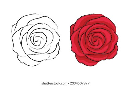 Red Rose hand drawn style vector flowers with line art illustration
