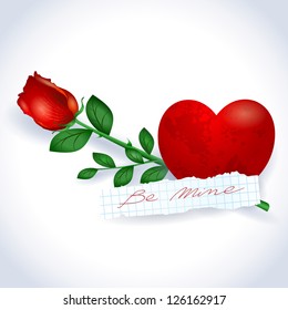 Red rose and heart with message "Be mine". Vector