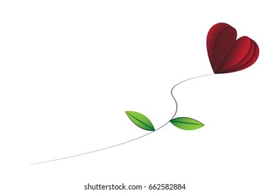 Red rose heart shape with leaves on the white isolated background
