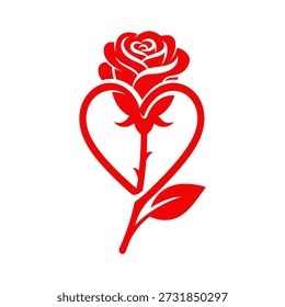 Red rose with heart-shaped stem on white background, symbolizing love and affection.