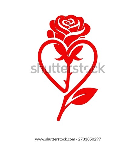 Red rose with heart-shaped stem on white background, symbolizing love and affection.