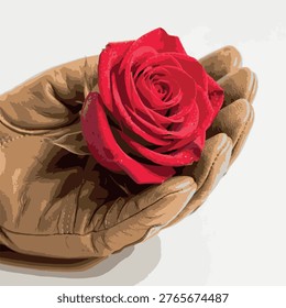 Red rose held in cupped brown leather gloved hands flower bloom petals d