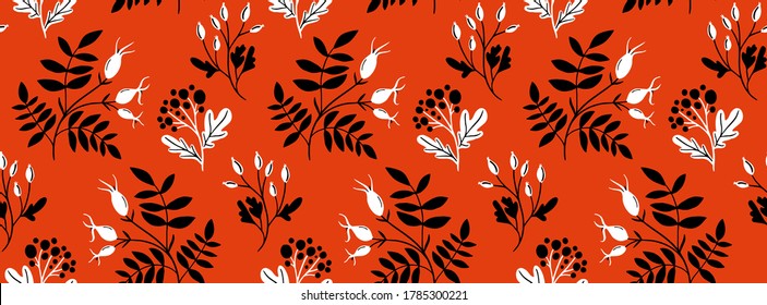 Red rose hip seamless pattern with black hand drawn branches and leaf. Folk art style, traditional vector ornament