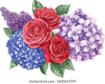 Red Rose Hydrangea Lilac Bouquet Watercolor vector illustration