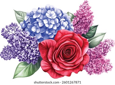 Red Rose Hydrangea Lilac Bouquet Watercolor vector illustration