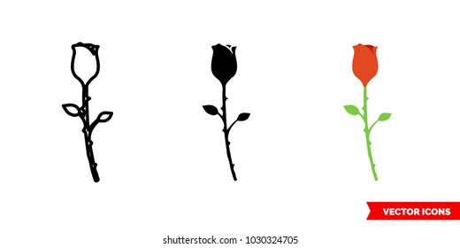 Red rose icon of 3 types: color, black and white, outline. Isolated vector sign symbol.