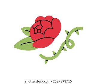 Ícone de rosa vermelha. Flor com folhas verdes e espinhos afiados no caule. Planta de flor selvagem. Símbolo de amor, paixão, afeto. Broom bud com broto. Ilustração de vetor isolado plano sobre fundo branco