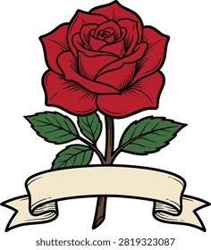 Red rose illustration with a blank banner beneath it offering copy space for text and custom messages
