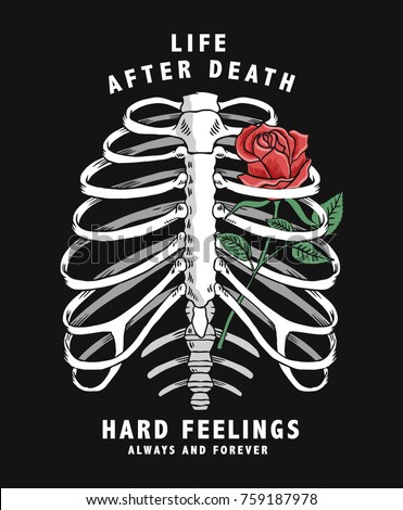 Red rose illustration inside skeleton chest. Vector graphic for t-shirt and other uses.