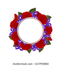 Red Rose and Iris Flower Banner Wreath. isolated on White Background. Vector Illustration.