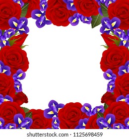 Red Rose and Iris Flower Frame Border. isolated on White Background. Vector Illustration.