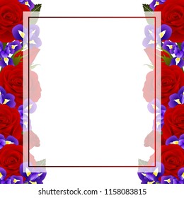 Red Rose and Iris Flower Frame Banner Card Border. isolated on White Background. Vector Illustration.